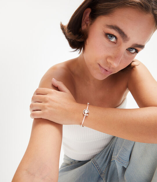 Pulsera de hilo salm&oacute;n con perla shell fornitura ba&ntilde;ada en plata de ley., Plateado, large